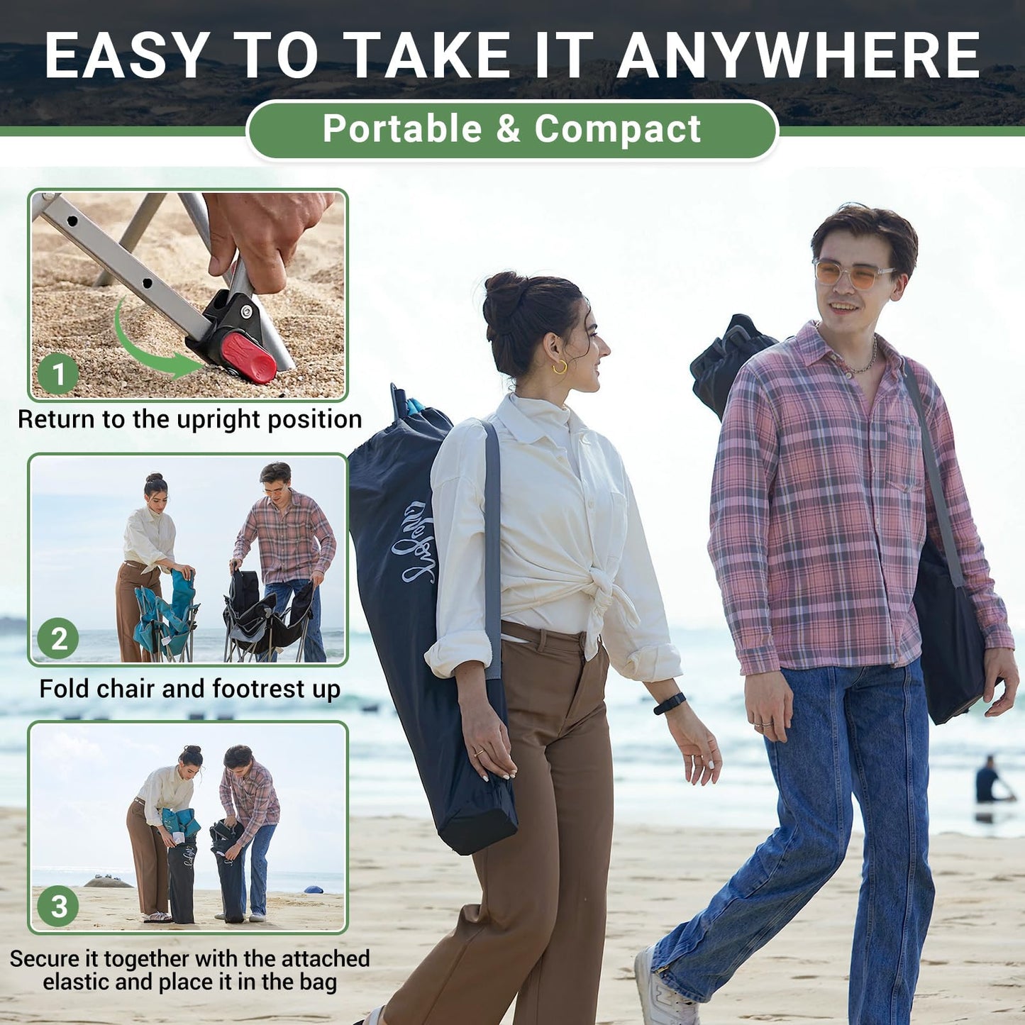 #WEJOY 2-in-1 Camping Chair Reclining, Lightweight Folding Camping Chair with Adjustable Backrest & Footrest, Camping Lounge Chair with Headrest, Cup Holder, Storage Bag, for Beach, Lawn, Concert