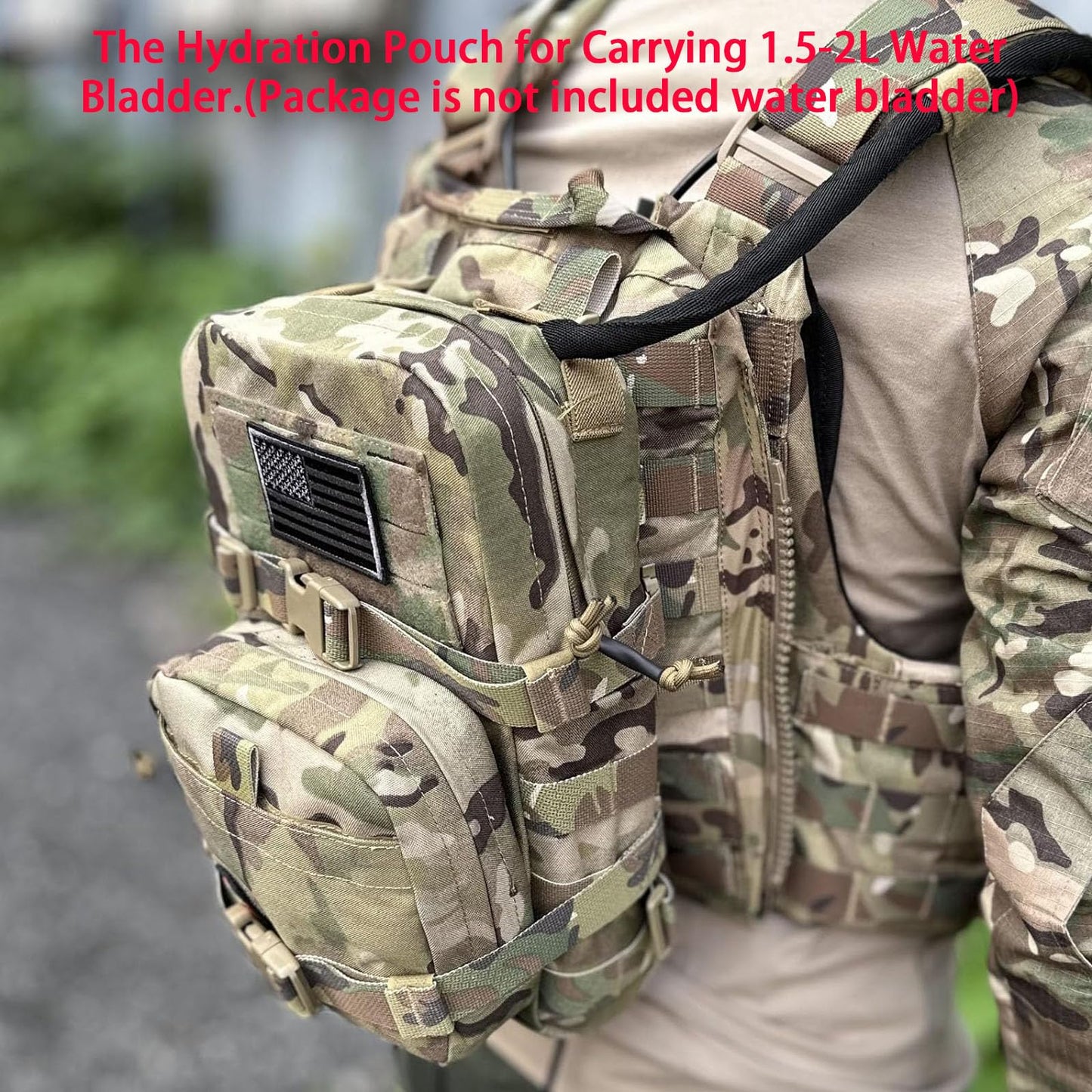 Tactical Mini Molle Hydration Pack,Molle Hydration Carrier with IFAK Pouch&US Flag&Med Patch,Hydropack for 2L Water Bladder (CP)