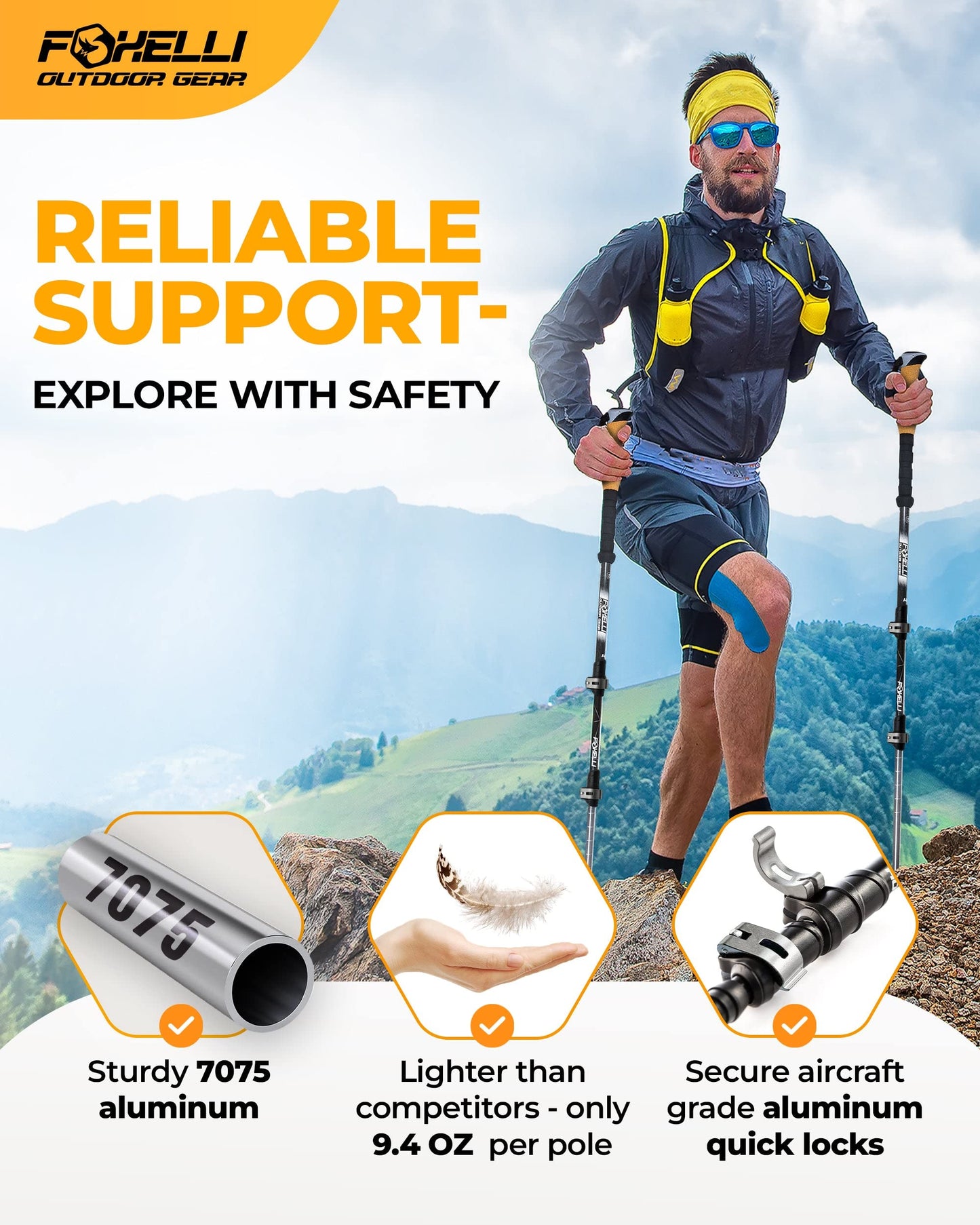 Foxelli Hiking Poles Bundle (2 Pairs) – Grey & Black Collapsible Lightweight Aircraft-Grade Aluminum Trekking Poles with Accessories