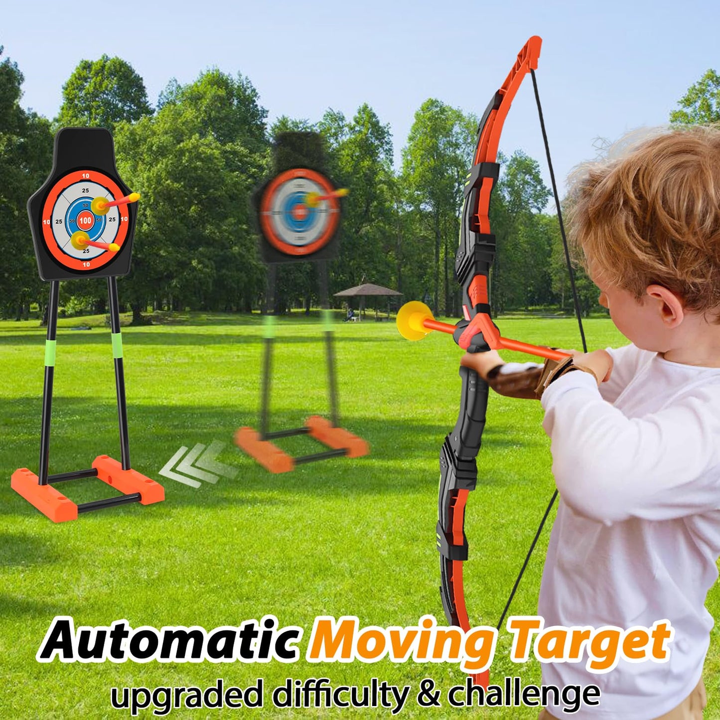 KIZJORYA Bow and Arrow for Kids 8-12, Upgraded Kids Archery Set with Automatic Moving Target, Sport Game Toy with 20 Suction Cup Arrows 2 Led Light Bows&Quivers, Gift for Boy Girl Age 3 4-6 10(2Pack)