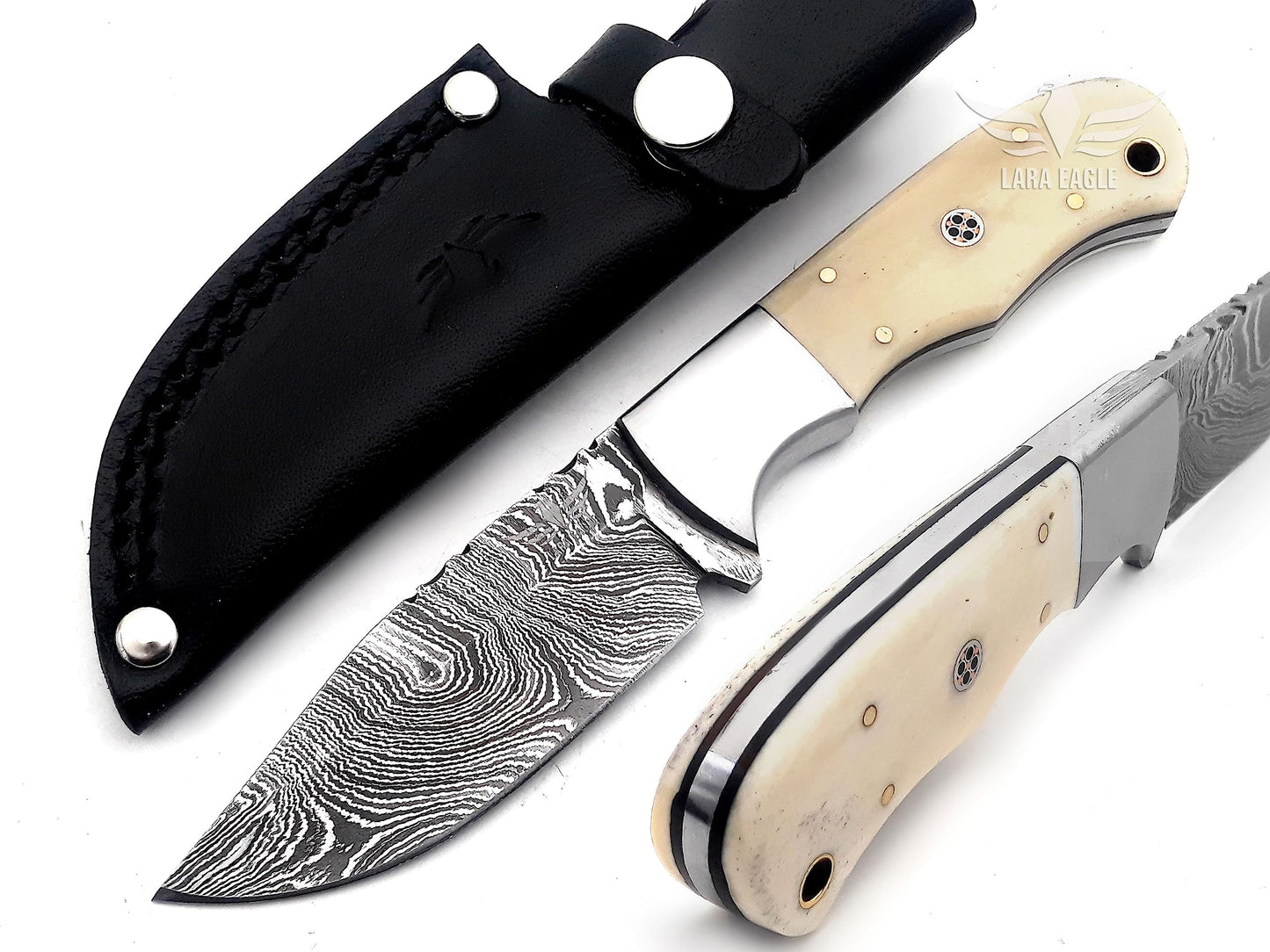 Lara Eagle Damascus Hunting Knife - Fixed Blade Handmade Skinner with Sheath - 7.5 inch Survival Knife Great for Camping, Hunting - Camel bone Handle with mosaic pin, Gift for Husband, Anniversary, Dad (Camel bone)