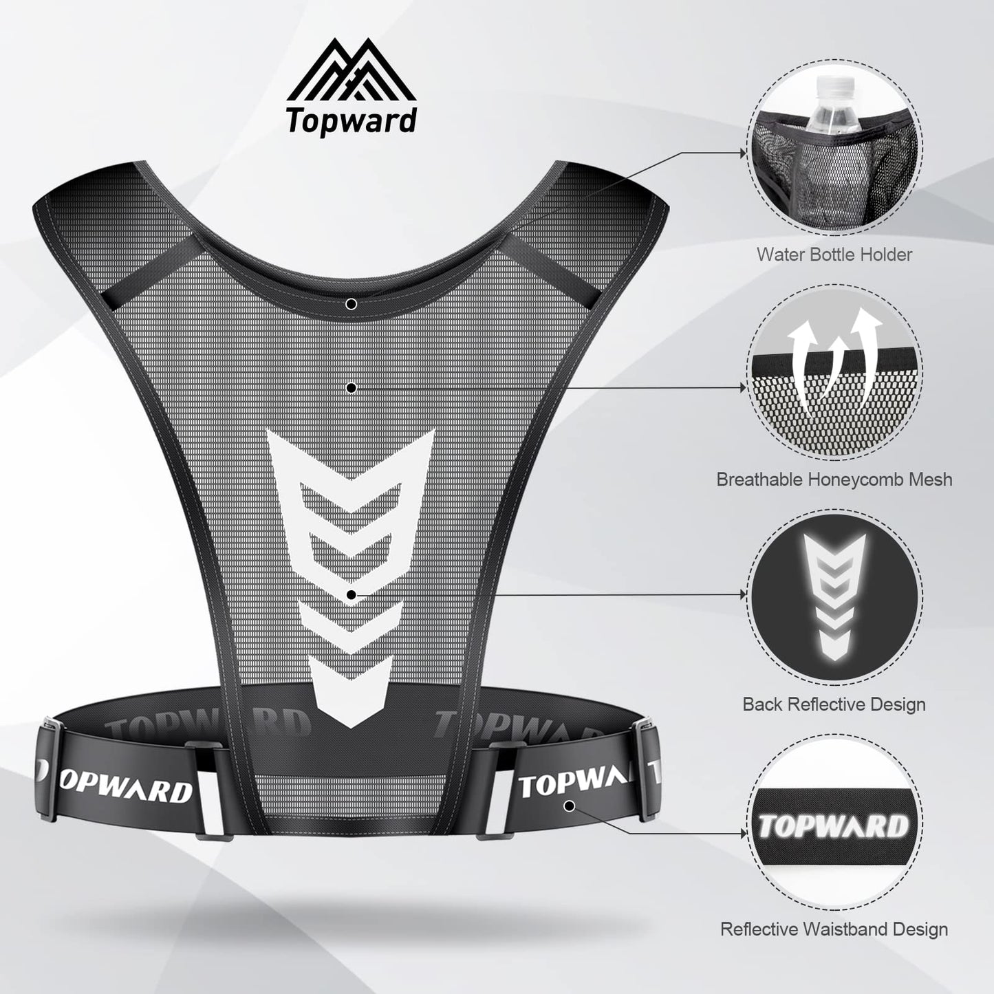 Topward Running Vest Phone Holder for Men Women, Waterproof Cell Phone & Key Pouch, Reflective Hydration Vest Train Free Workout Gear - Lightweight, Breathable Mesh Pockets - Adjustable Waistband