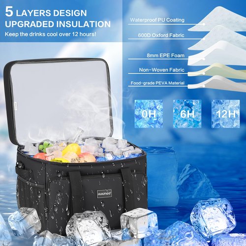 Hulongo Insulated Soft Cooler Bag, Large Ice Coolers Soft Sided Ice Chest for Beach, Camping, Car, Collapsible and Portable, 42L, 60Cans, Black