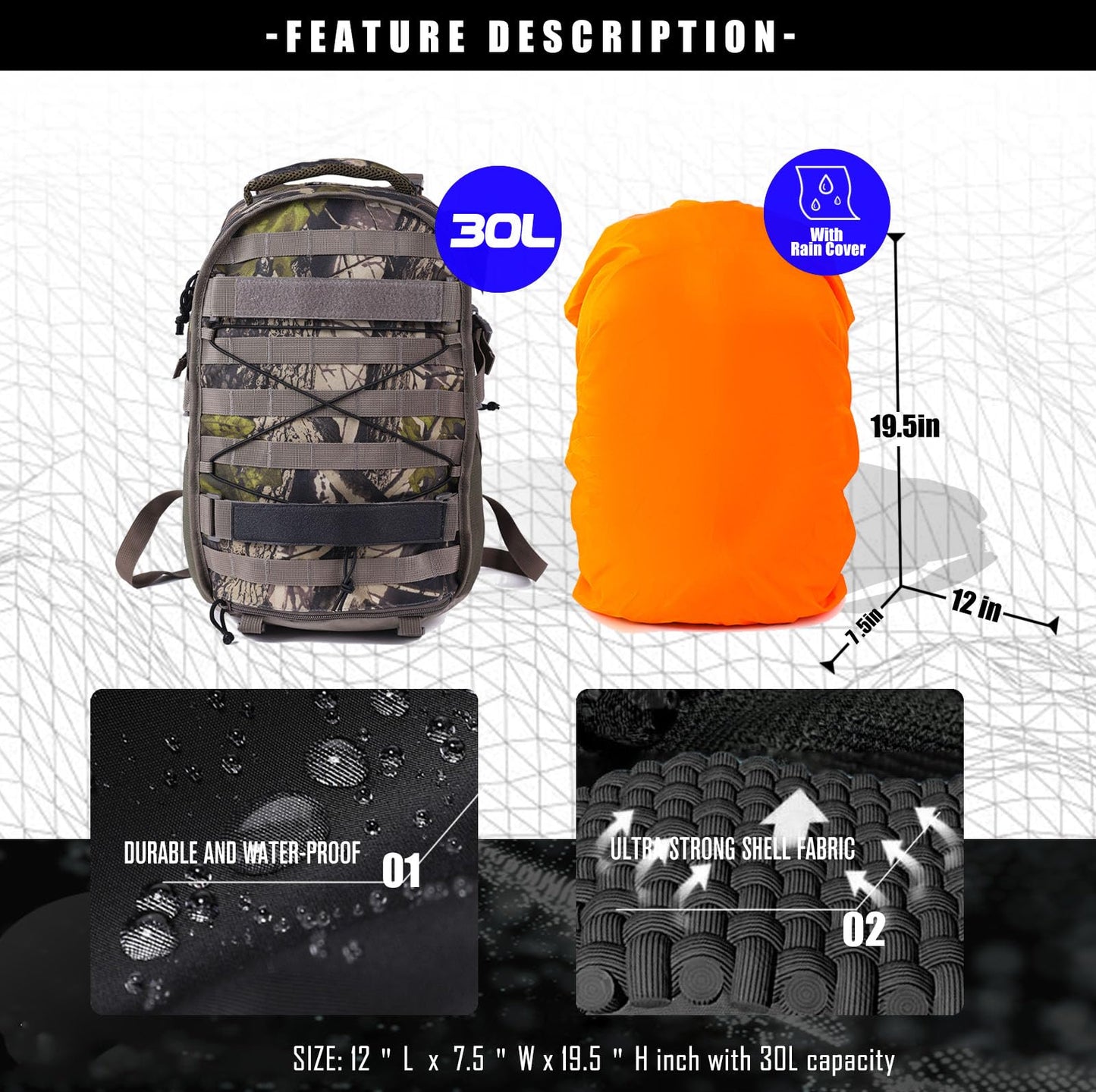 MATIEED Hunting Backpack with Rifle Bow Holder Hunting Daypack with Waterproof Rain Cover for Camping Hiking