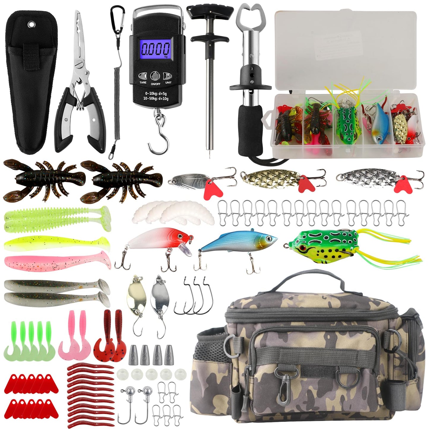 113Pcs Fishing Tool Kit, Fishing Bag, Fishing Pliers Hook Remover, Fish Lip Gripper, Fishing Lures Hook Tackle Box, Handheld Digital Scale, Ice Fly Fishing Gear Accessories Set Fishermen Gift (Camo)
