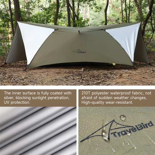Travel Bird Ultralight Tarp, 14ft Hammock Rain Fly Lightweight Waterproof Camping Tent Tarp with Doors, Bushcraft Tarp Shelter for Backpacking Hiking Camping