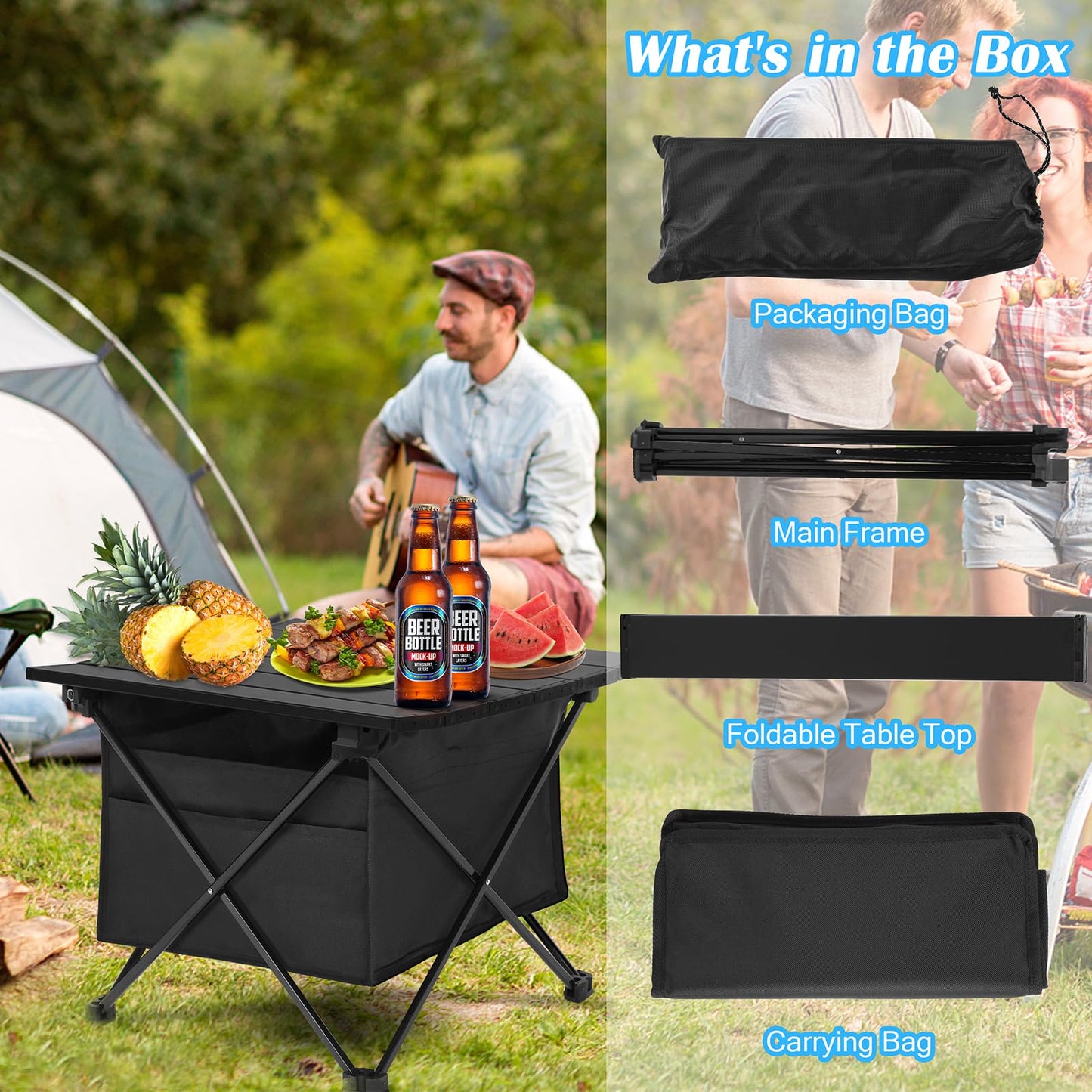 Camping Table Folding Beach Table, Small Folding Table Portable with High-Capacity Storage and Carry Bag for Outdoor Camping, Traveling, Hiking, Fishing, Beach, BBQ, Picnics, Cooking, Black