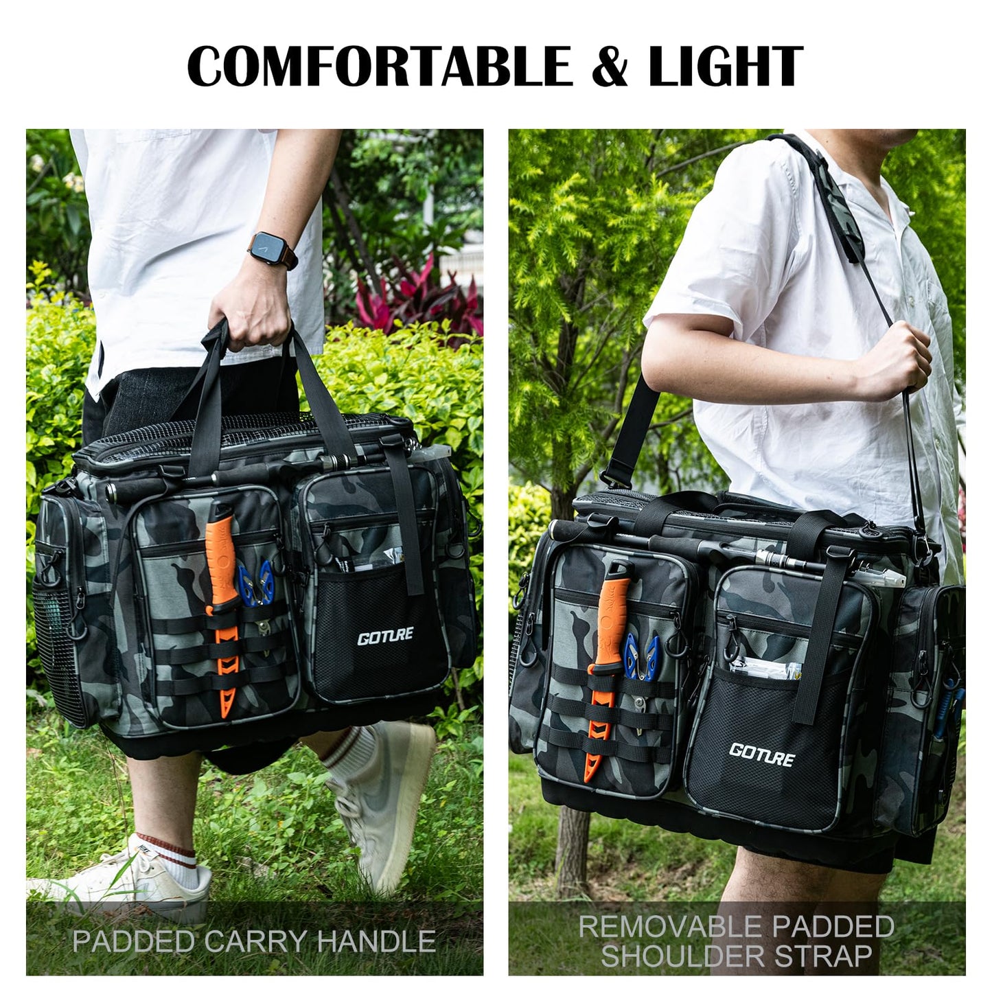 Goture Large Tackle Bag,Store Up to 8PCS 3700 Plus 4PCS 3600 Tackle Trays(Not Included),Water Resistant Saltwater Gear Storage Big Fishing Bag with EVA Bottom,Gifts for Men(21.65"x11.8"x15.16")-Camo