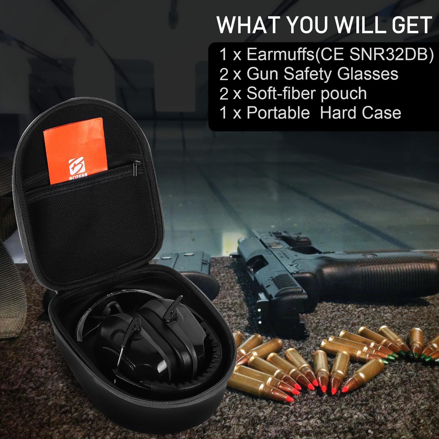 Bcoxan Shooting ear protection safety eamuffs, Gun range hearing protection, Shooting glasses, Earplugs, carrying case