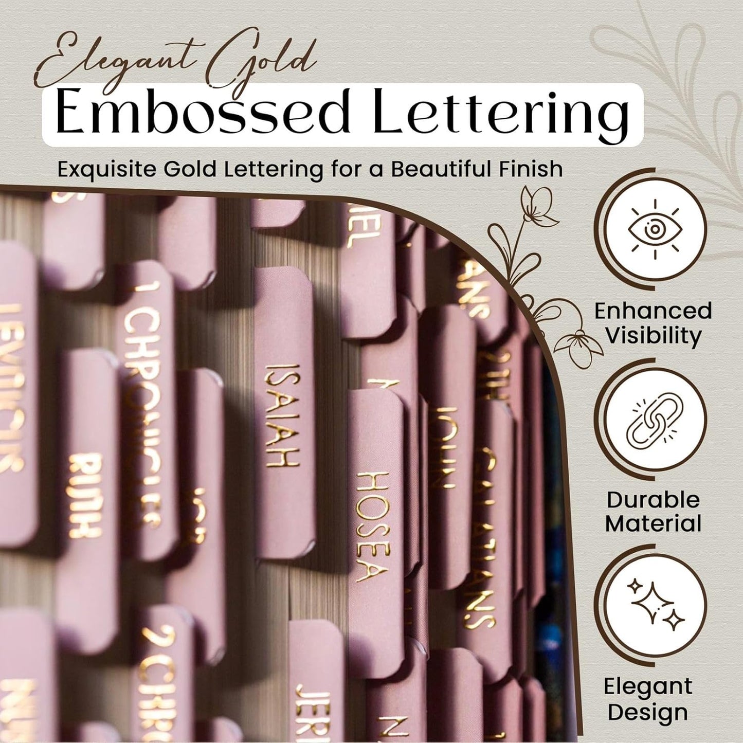 Bible Tabs for Women Study Bible, Embossed Matte Catholic Bible Tabs Gold, Laminated Bible Tabs, Bible Book Tabs w/Old & New Testament Neutral Bible Labels Tabs, Perfect Bible Study Supplies Oak