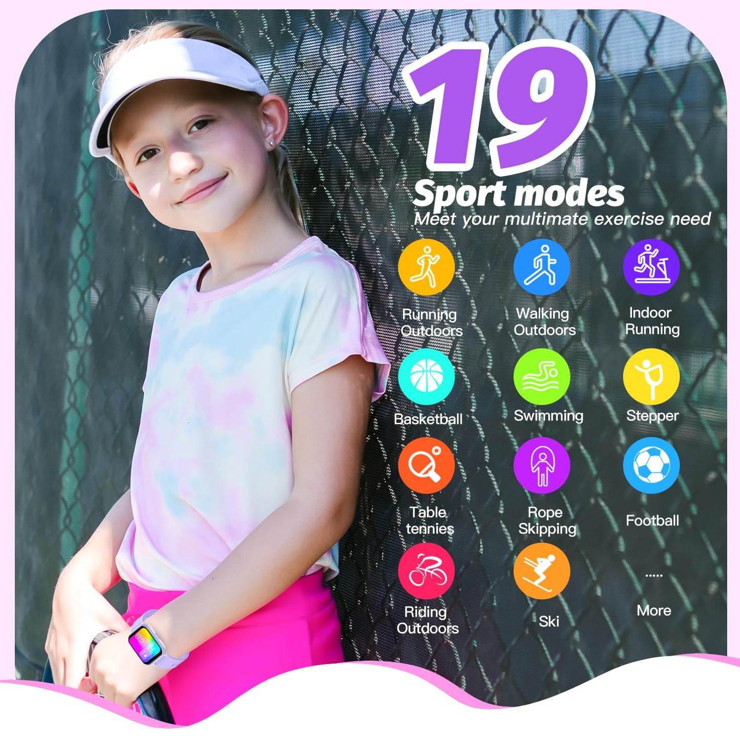 Kids Smart Watch for Girls,IP68 Waterproof Kids Fitness Tracker Watch with 1.5 Inch DIY Face,Heart Rate Sleep Monitor,19 Sport Modes,Calories Counter,Alarm Clock,Great Gifts for Children 6+(Purple)