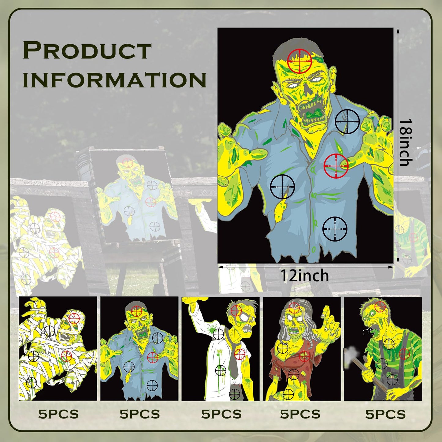 Ireer 25 Pcs Zombie Paper Practice Targets 12 x 18 Inch Zombie Outdoor Practice Targets Gift Indoor, 5 Style