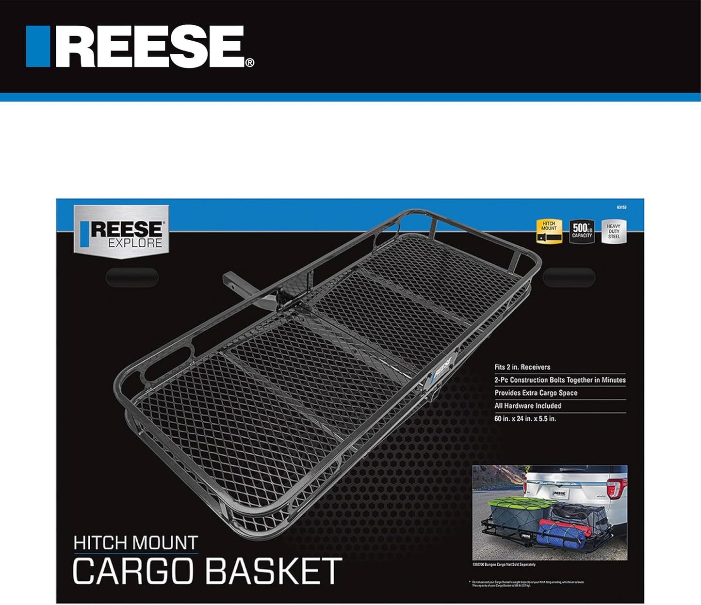 REESE Explore 63153 Rambler Hitch Mount Cargo Carrier, 60 X 24 Inches, Fits 2 Inch Receivers, 500 lbs. Capacity