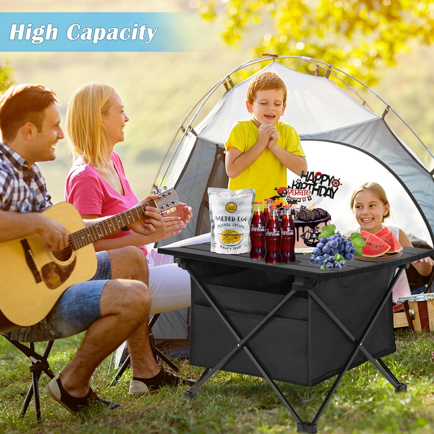 Camping Table Folding Beach Table, Small Folding Table Portable with High-Capacity Storage and Carry Bag for Outdoor Camping, Traveling, Hiking, Fishing, Beach, BBQ, Picnics, Cooking, Black