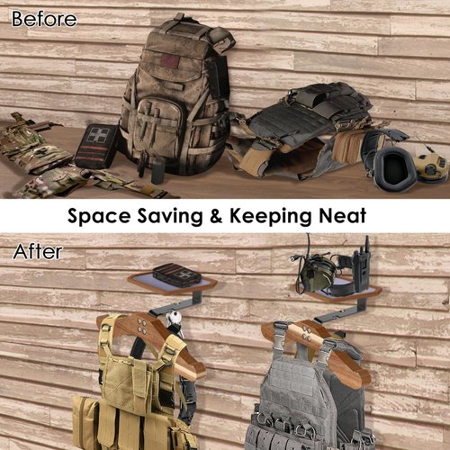 Tactical Vest Hanger- Solid Wood Tactical Gear Rack with Top Wooden Holder Tray for Walkie-Talkie,Earmuffs - Multifunction Tactical Gear Wall Mount for Motorcycle Football Skating Gear