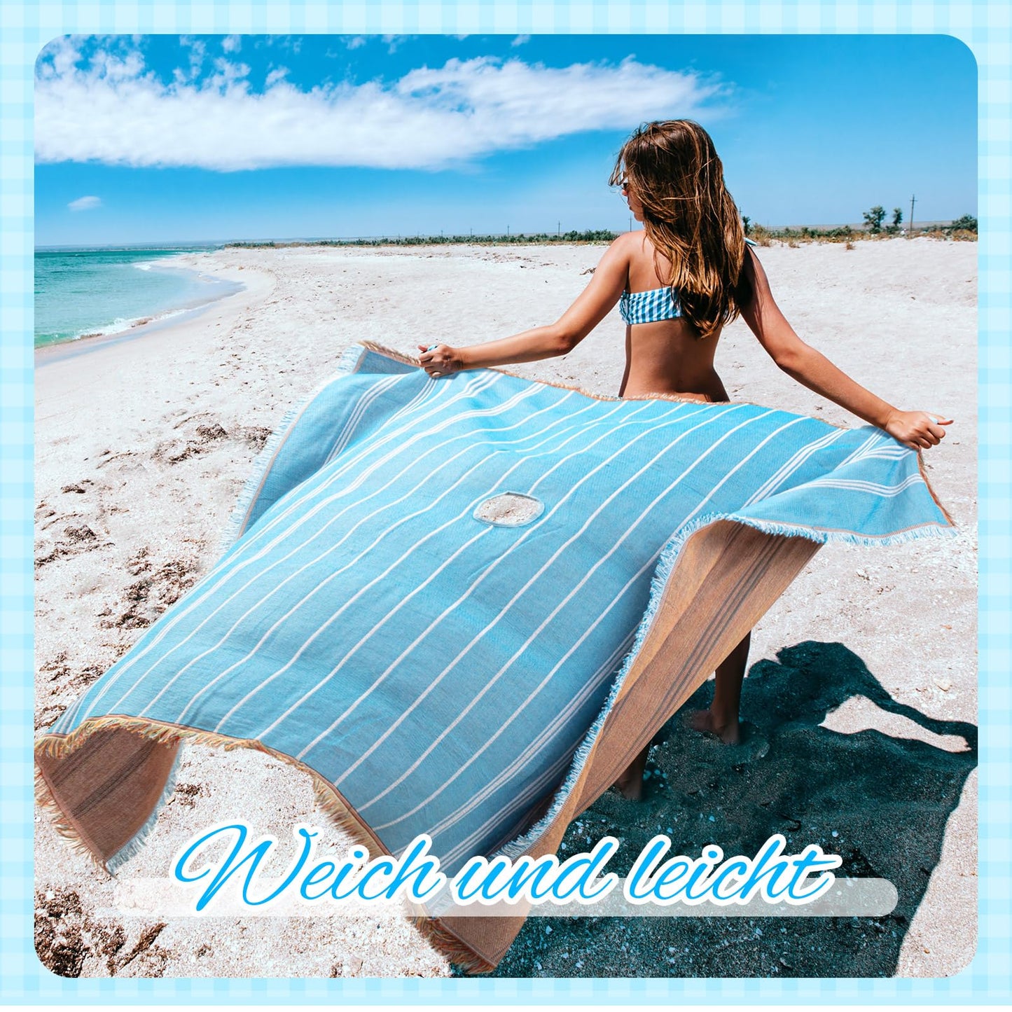Peryiter Oversized Turkish Beach Blanket with Hole for Umbrella Cotton Extra Large Sand Free Beach Blanket Mat with Fringe Holiday Outdoor Picnic Travel Essentials Favorites, 70 x 70 Inches