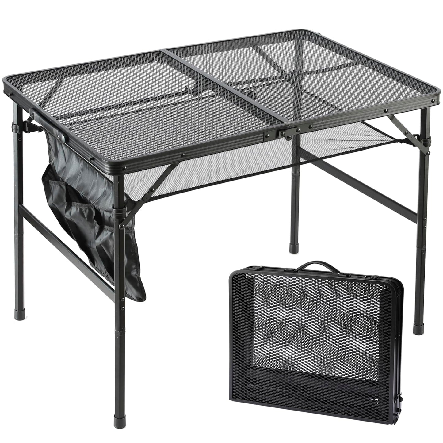 SKIKEN Folding Metal Camping Table with Mesh Layer, Portable & Lightweight Grill Table for Outdoor, 2 Adjustable Heights, Metal Mesh Tabletop for Camping Cooking, Medium Size (2.95 FT, Black)