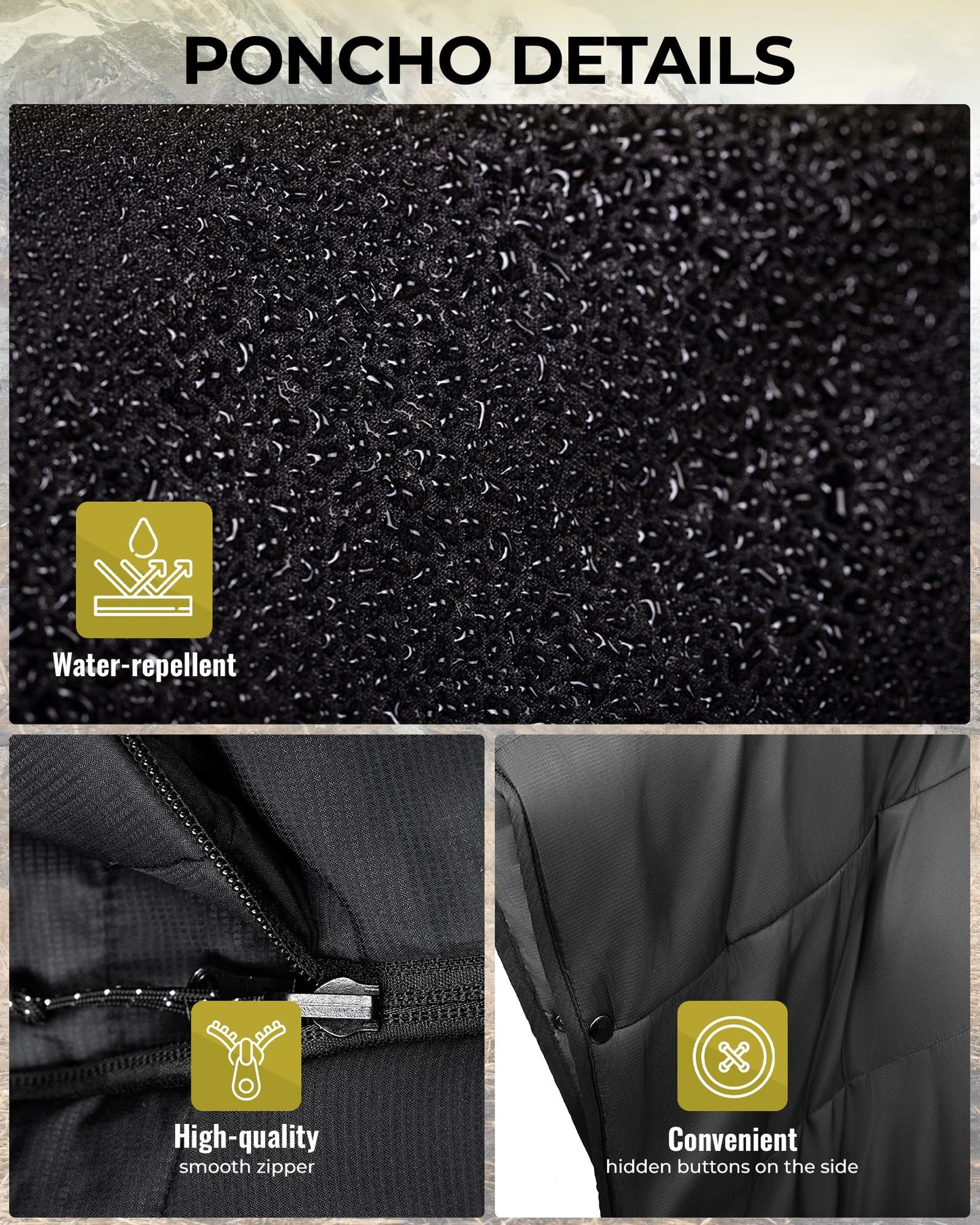 KingCamp Camping Blanket Poncho, Wearable Honcho Hoodie Reversible Cape Windproof Water-Repellent Recycled Ponchos with Snap Buttons for Outdoor Hiking Stadium Travel Black, 66" x 48"