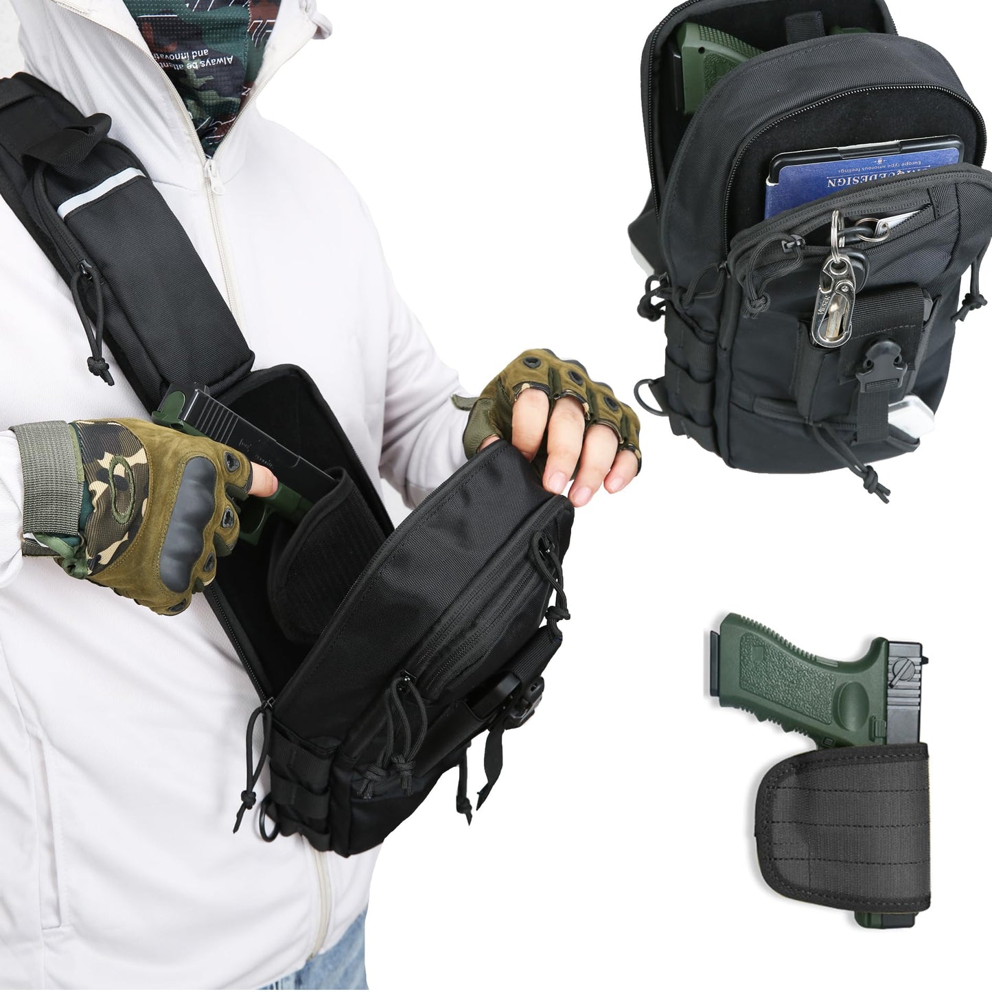 LarKoo Sling Backpack Chest bag - Tactical Chest Pistol Bag Shoulder Bags Crossbody Sling Backpack Holster Bag for Concealed Carry Fanny Pack Bag (Black)