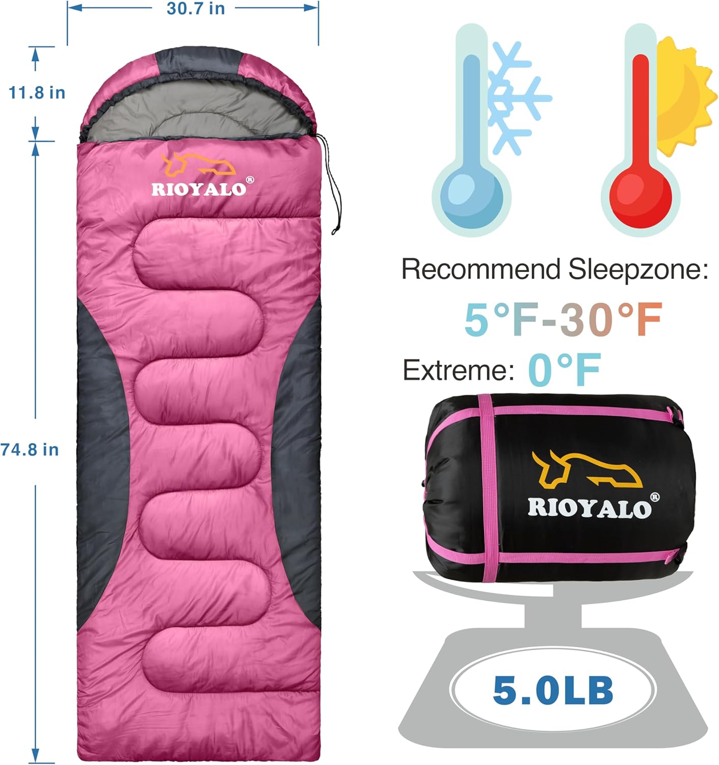 0 Degree Winter Sleeping Bags for Adults Camping (450GSM) - Temp Range (5F–32F) Portable Waterproof Compression Sack- Camping Sleeping Bags for Big and Tall in Env Hoodie: Backpacking Hiking 4 Season