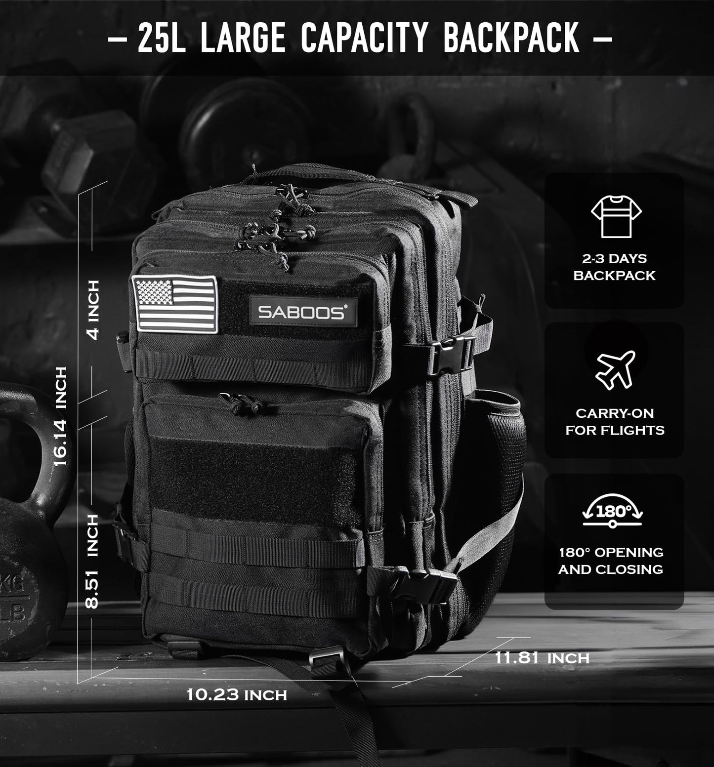 Saboos Tactical Backpack 25L Military Backpacks for Men Gym Backpack Camping Hiking Daily Work Fitness Rucksack Black