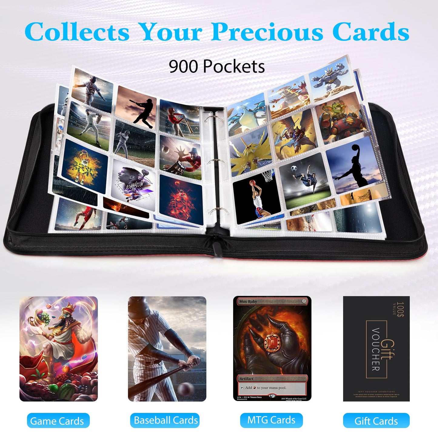 WOT I Trading Card Binder, 900 Pockets Baseball Card Binder Sleeves with Zipper, Double Sided Pockets Card Holder Carry Card Case for Baseball Card, Football Card(Red) WO-CB-9-7