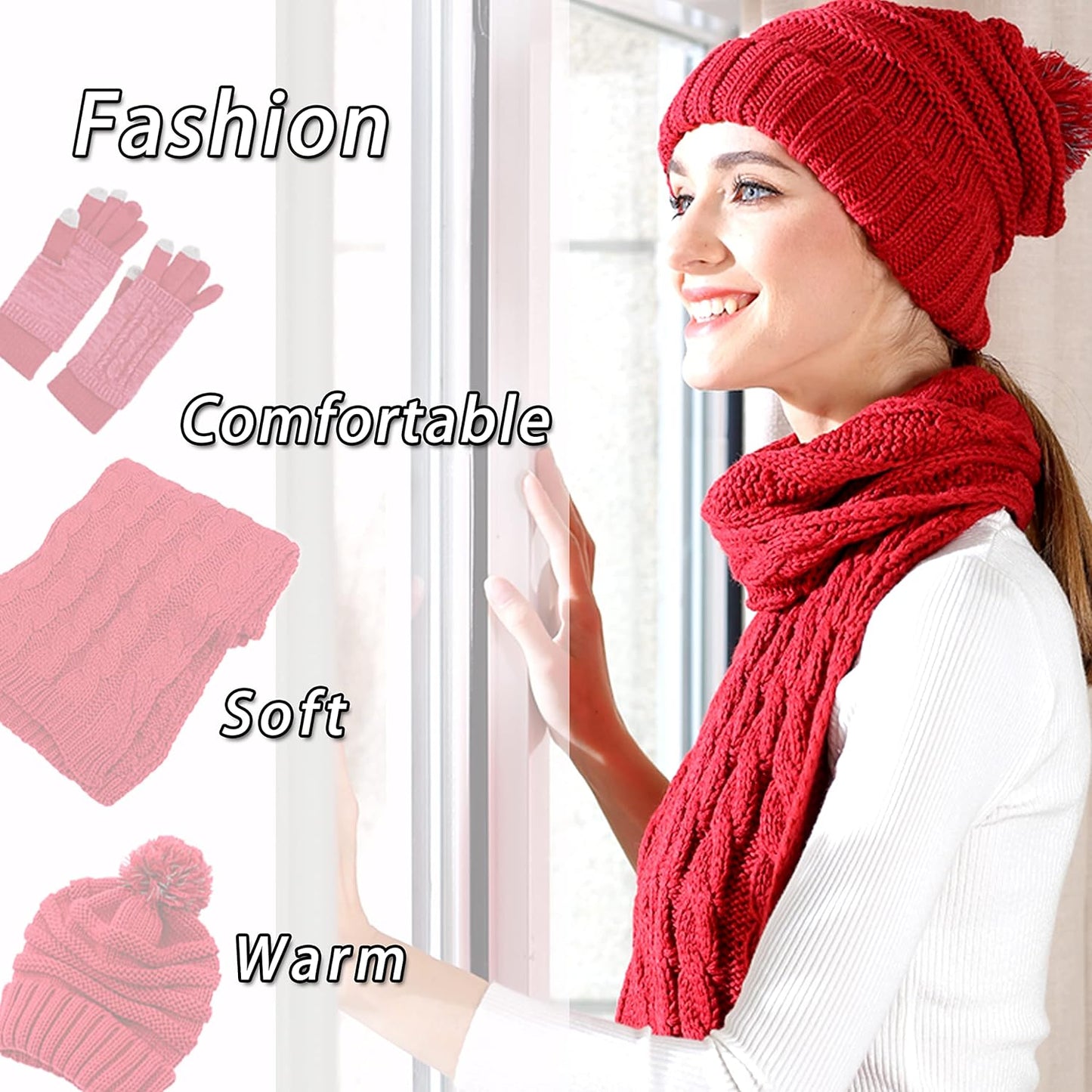 Winter Hat Gloves Scarf Set for Women, Cable Knit Beanie Pom Cap Touch Screen Glove Long Scarf 3PCS Winter Gift for Women Men