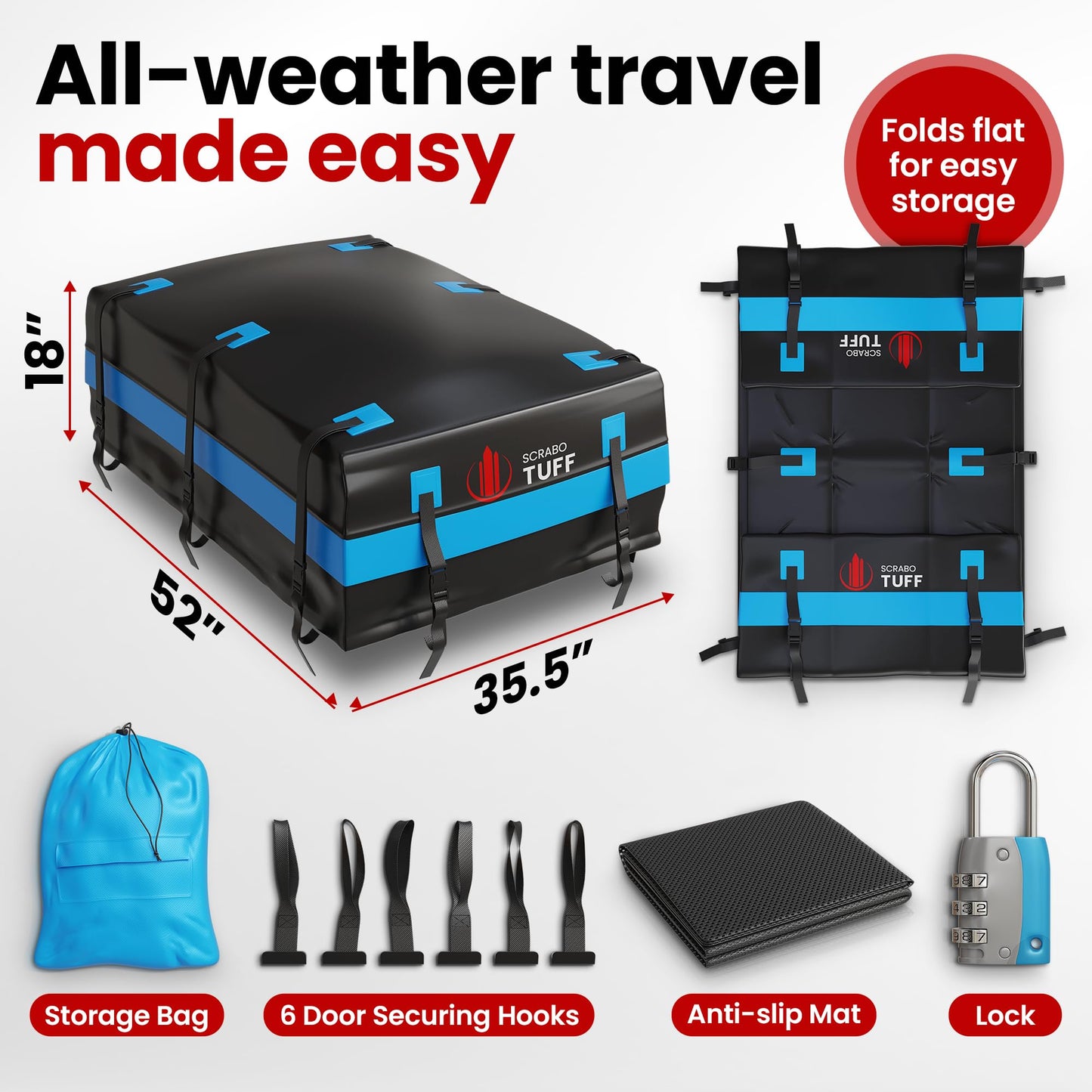 21 Cubic Feet Luggage Carrier for Car Rooftop - Cargo Carrier Bag - Waterproof Top with Anti-Slip Mat, Reinforced Straps, Hooks, Lock - Car Roof Rack Heavy Duty
