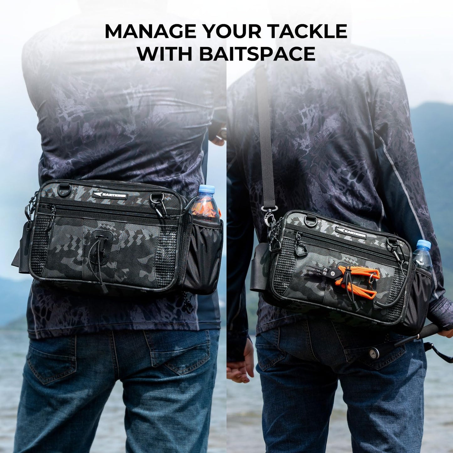 KastKing BaitSpace Waist Bag – Waterproof Tackle Storage Bag With Adjustable Belt, Fishing Fanny Pack for Men, Soft Bait Organizer, 3600 Utility Box, Rod Holder, Nylon, Black Camo