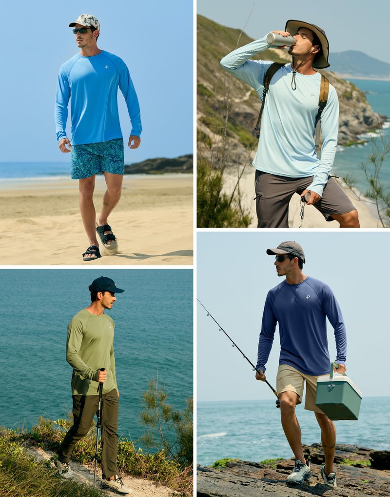 Pudolla Mens Long Sleeve Swim Shirts Rash Guard UV Sun Protection SPF T-Shirts UPF 50+ Quick Dry Fishing(Light Grey M)