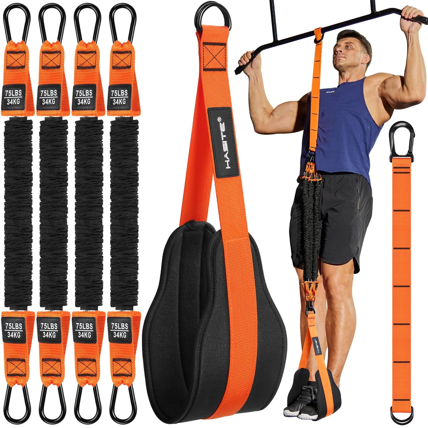 Pull Up Assistance Bands Set - 4 Heavy Duty Resistance Bands 300lbs, Adjustable Weight/Size with Footrest, Home Gym Strength Training (Orange)