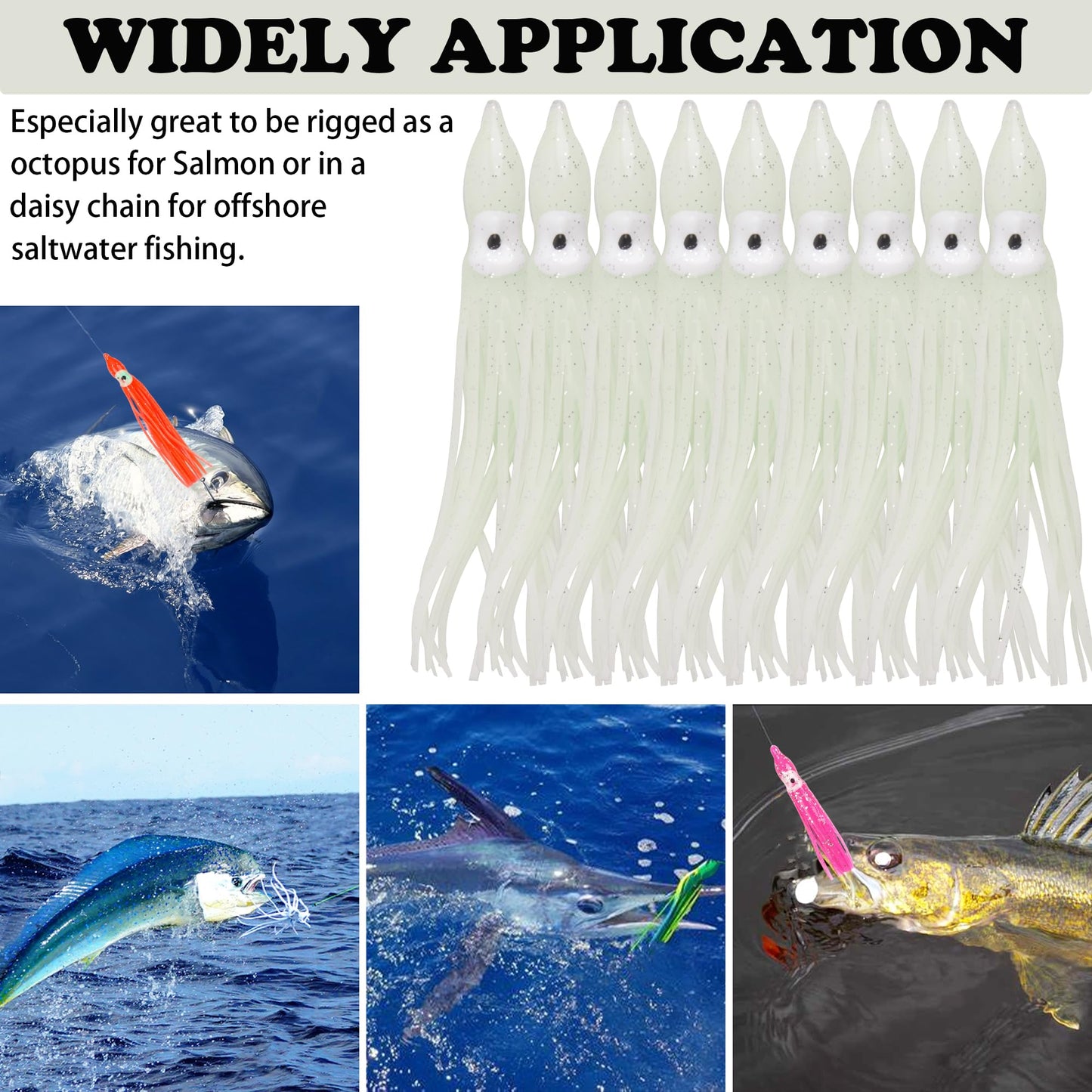 20pcs Fishing Squid Skirts Glow Lures Luminous Octopus Skirts Trolling Lure Saltwater Soft Plastic Bait Fish Squid Silicone Lure Baits Bass Fishing Tackle Accessories Length White 11cm