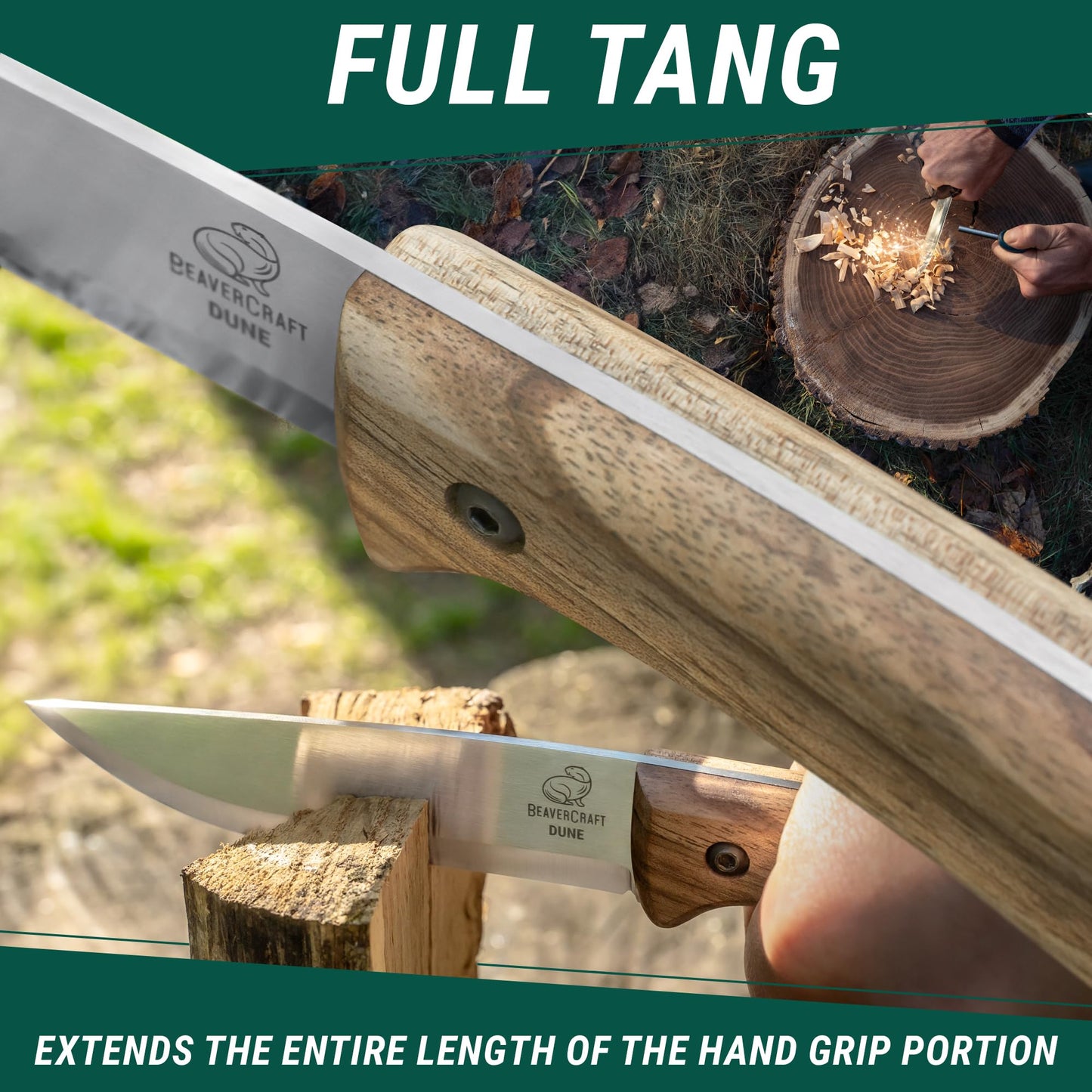 BeaverCraft Bushcraft Knife Full Tang Carbon Steel with Leather Sheath – Camping Bush Knife Fixed Blade – Outdoor Bushcraft Knives BSH1 Dune