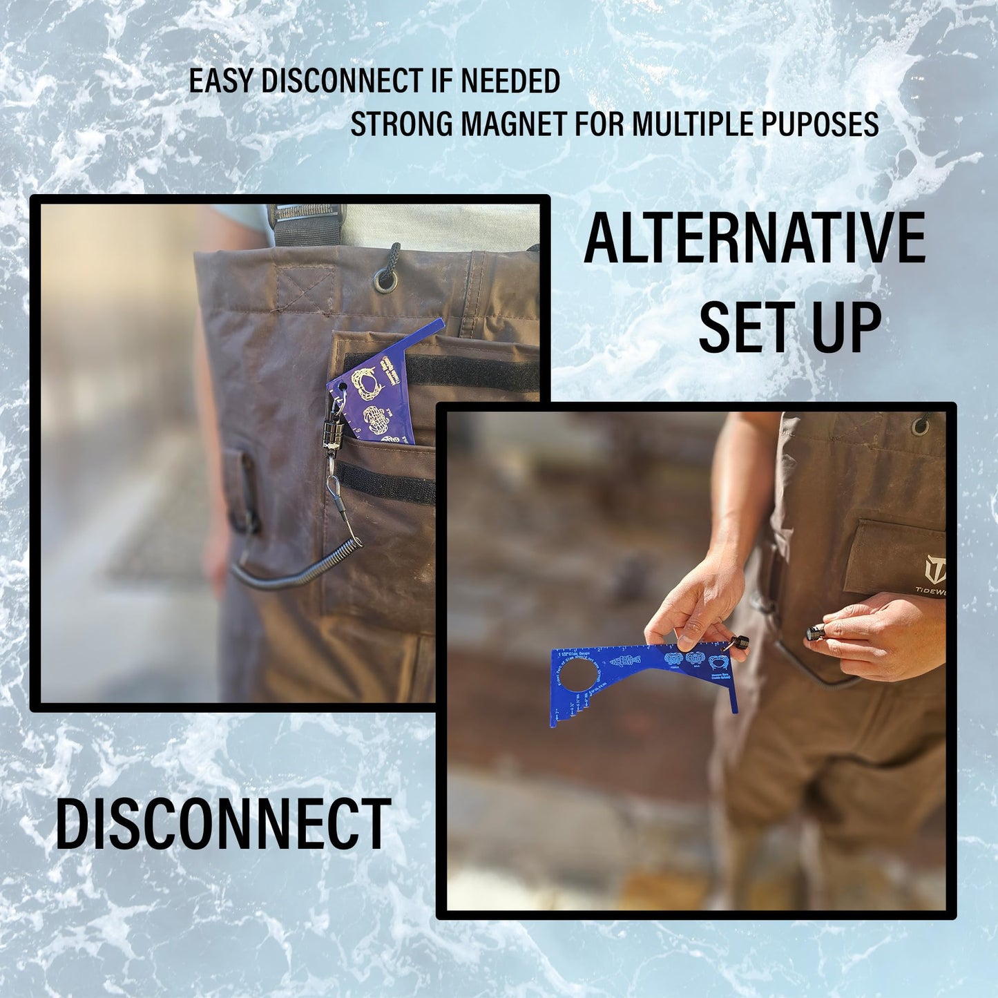 Fishernomics Crab Gauge - Blue & Silver Crab Ruler, Measuring Tool for Dungeness Crab, Rock Crab and Blue Crab with Strong Magnetic Clip Holder and Retractable Coiled Lanyard Carabiner