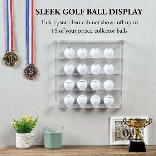 MyGift Premium Clear Acrylic Mountable 4 Tier Golf Ball Holder Showcase Rack, Wall Mounted Golf Ball Display Case Storage Cabinet Shelf, Holds 16 Balls