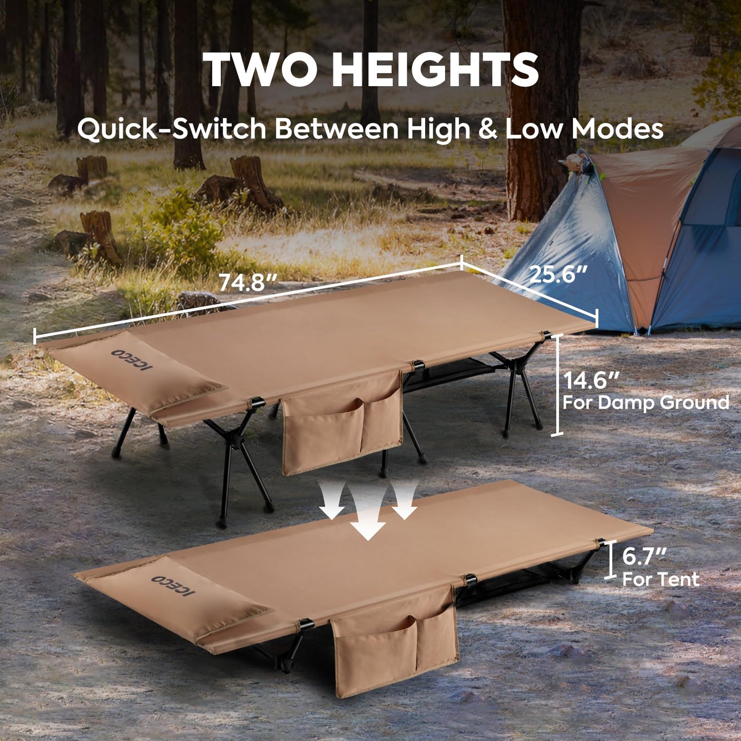 ICECO Camping Cots for Adults, Height Adjustable with Cot Leg Extenders, Strong Support 330lbs, 900D Oxford Fabric, Ultralight Comfortable, Sleeping Bed for Camping, Hiking, Beach, Home (L-Khaki)