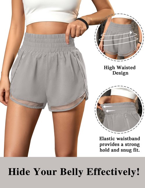 BMJL Women's Athletic Shorts High Waisted Workout Shorts Pocket Running Shorts Gym Elastic Sport Shorts (Grey, XL)