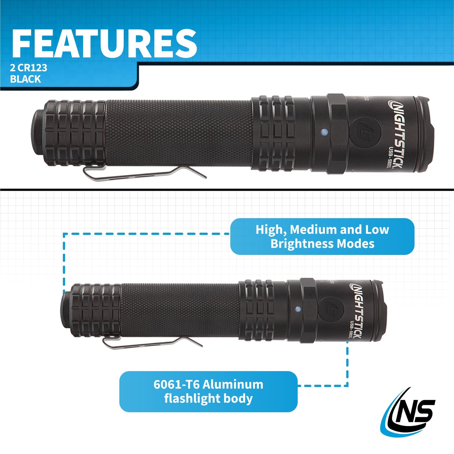 Nightstick USB-588XL Metal USB Dual-Light Tactical Flashlight - White Spot - White Flood - Li-Ion - Black