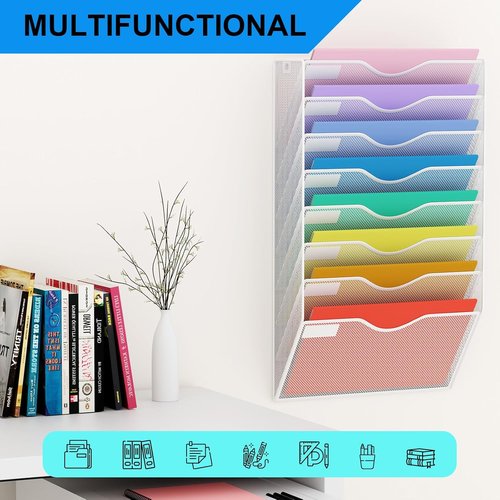 5 Pockets Mesh Hanging Wall File Holder Organizer Wall Mounted Paper Magazine Rack, Black