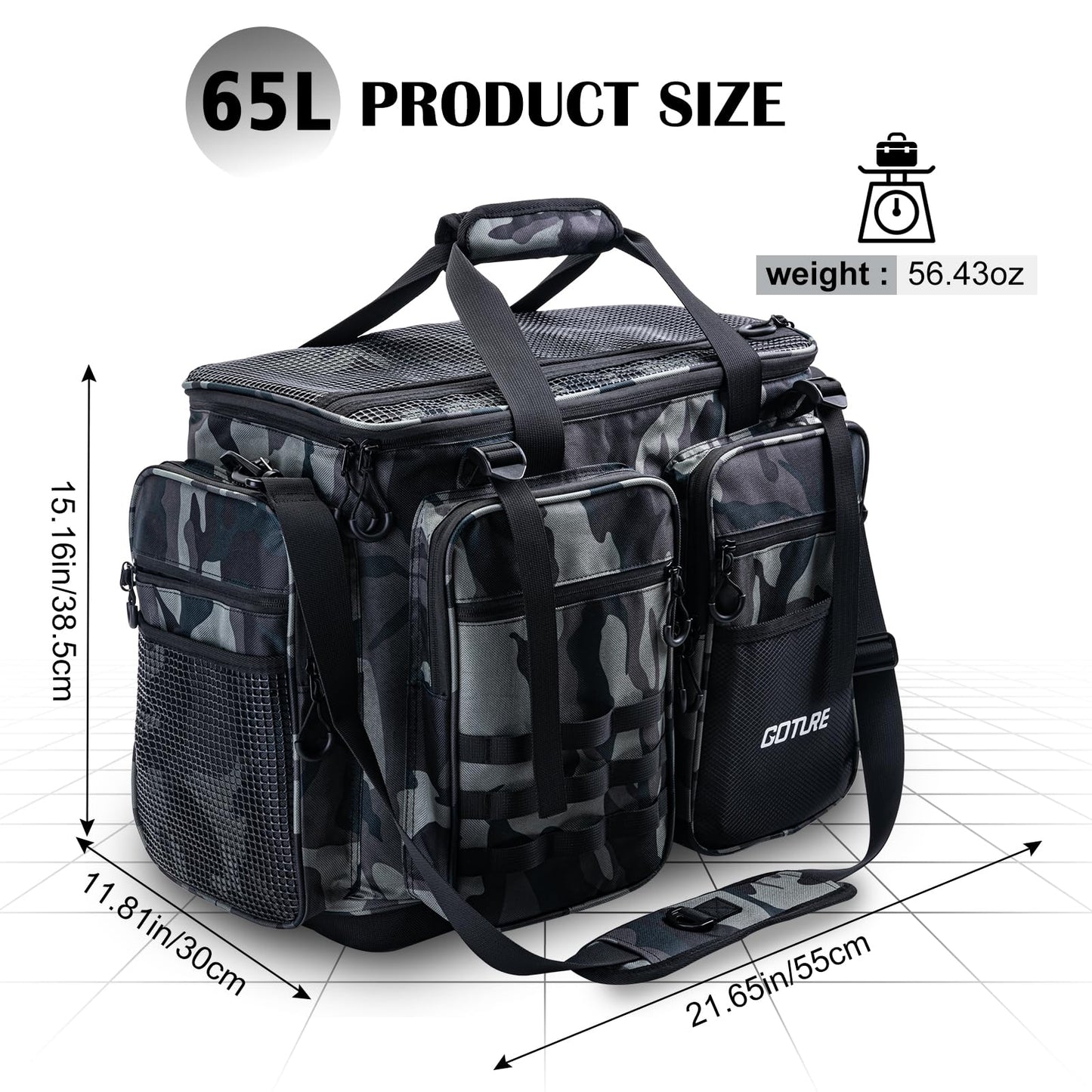 Goture Large Tackle Bag,Store Up to 8PCS 3700 Plus 4PCS 3600 Tackle Trays(Not Included),Water Resistant Saltwater Gear Storage Big Fishing Bag with EVA Bottom,Gifts for Men(21.65"x11.8"x15.16")-Camo