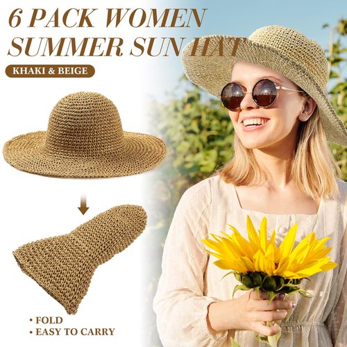 Bonuci 6 Pcs Floppy Paper Straw Sun Hat Foldable Packable Wide Brim Scarecrow Hat Breathable Crochet Bucket Beach Hat(Khaki, Beige,Classic)