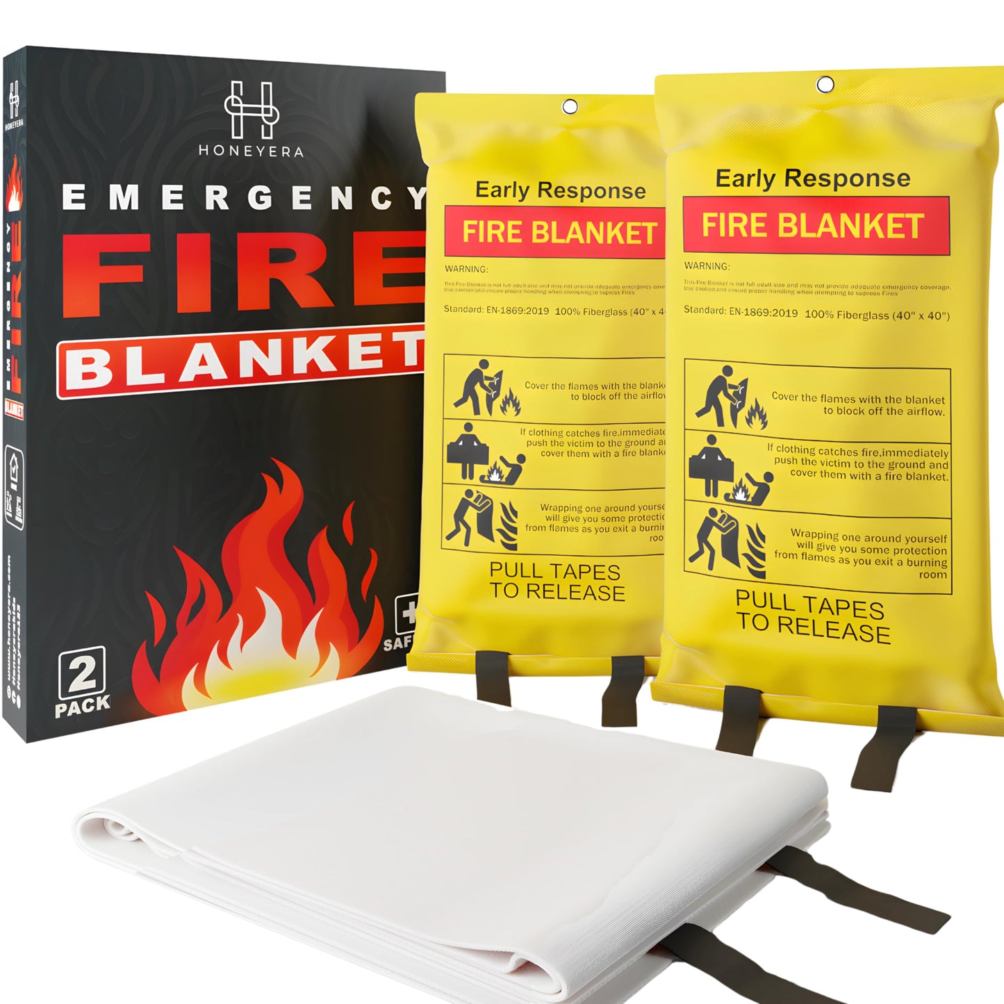 2 Pack Fire Blanket - Home and Kitchen Emergency Fire Blankets for Safety, Easy to Use for Fire Suppression & Kitchen Fires, Fiberglass Fire Blanket