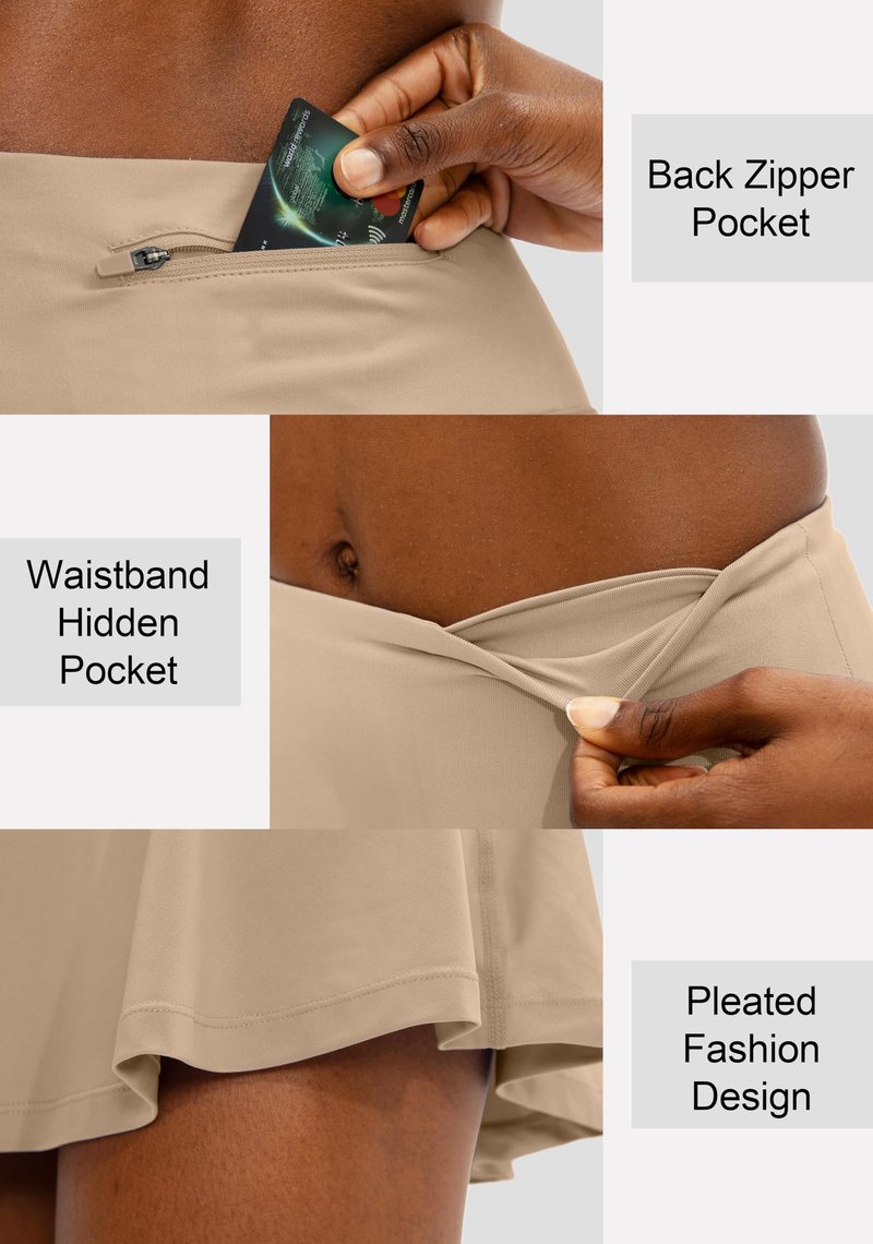 SANTINY Pleated Tennis Skirt for Women with 4 Pockets Women's High Waisted Athletic Golf Skorts Skirts for Running Casual (Khaki_L)