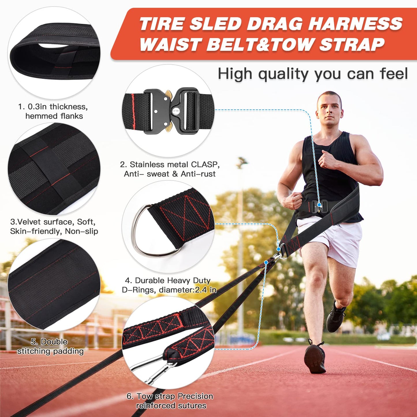 ATENTO Sled Pulling Belt, Adjustable Closure Sled Training Waist Belt,Weight Sled Pull Belt for Tire or Sled Pulling, Squat,Leg Muscles Strength Training, Agility, Resistance Training, Core Power Workout, Belt for Pulling with 2 Pulling Straps & 4 Hooks I