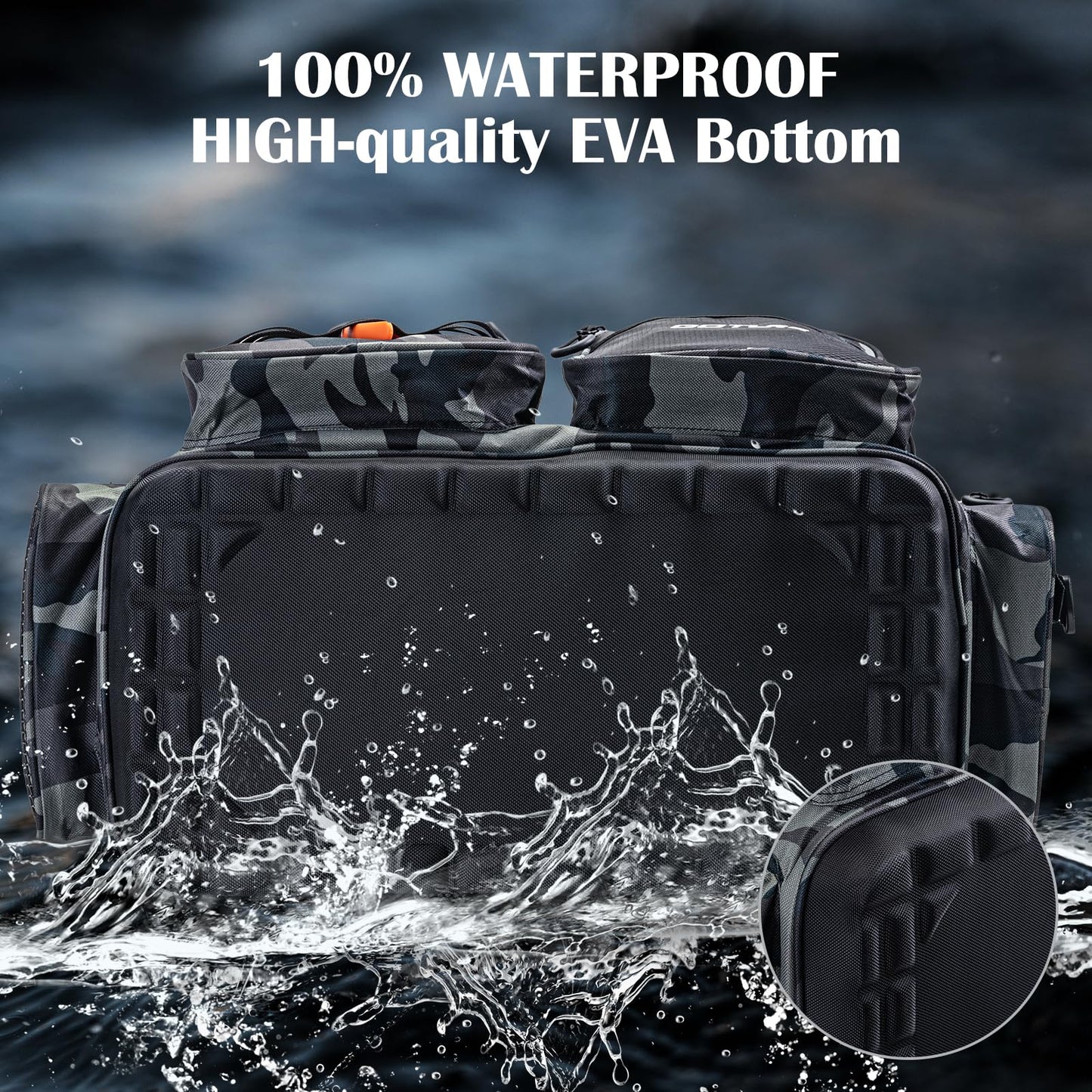Goture Large Tackle Bag,Store Up to 8PCS 3700 Plus 4PCS 3600 Tackle Trays(Not Included),Water Resistant Saltwater Gear Storage Big Fishing Bag with EVA Bottom,Gifts for Men(21.65"x11.8"x15.16")-Camo