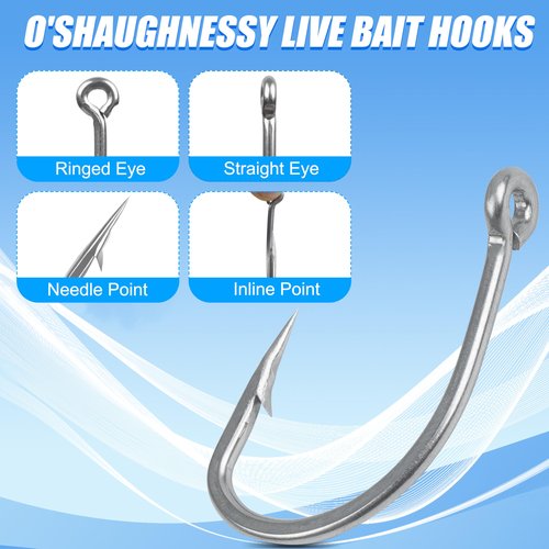 Live Bait Hooks Saltwater, 50pcs O'Shaughnessy Live Bait Short Shank Hooks with in-Line Point Fishing J Hooks Size 1#-5/0