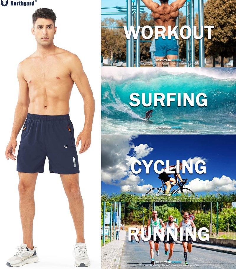 NORTHYARD Men's Athletic Running Shorts Gym Workout 7"/9"/5" Quick Dry Lightweight Sports Basketball Tennis 3 Zipper Pockets NAVY-5inch L