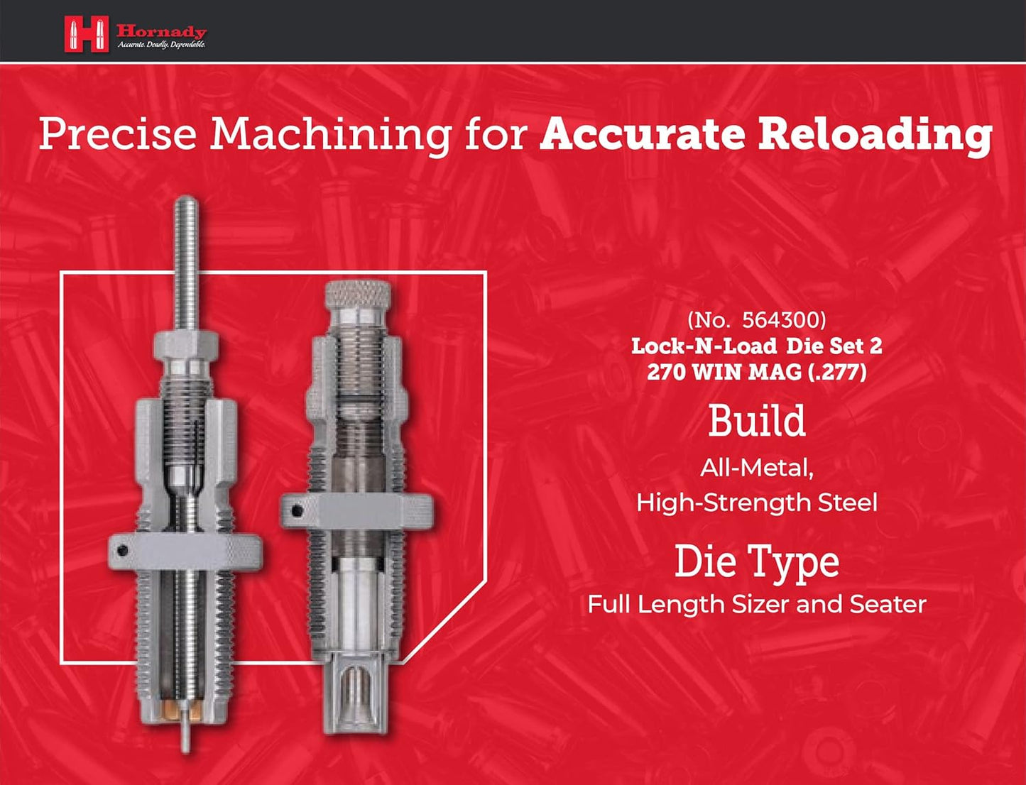 Hornady Custom Grade New Dimension 2-Die Set, 270 Win (.277) (546300) - Caliber Specific Reloading Equipment for Handloaders with Full Length Sizer Die, Seating Die, Sure-Loc Rings, & Storage Box