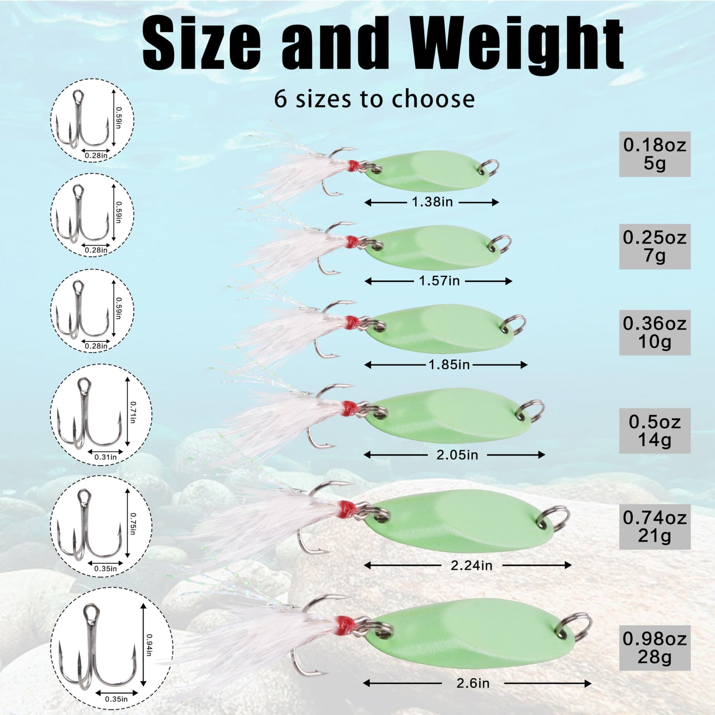 Fishing Spoon Lures Luminous Casting Metal Fishing Jigs Baits Glow Fish Tackle with Treble Hooks Spinning Lure for Saltwater Freshwater Trout Bass Salmon (10G-6PCS)