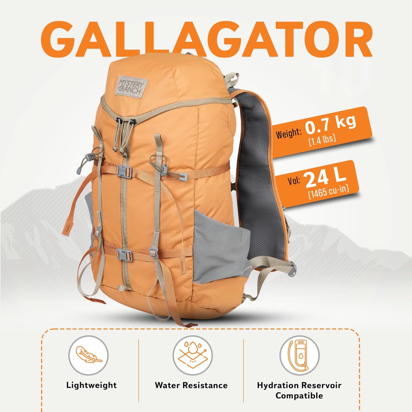 Mystery Ranch Gallagator 25 Backpack – Weather Resistant Travel Bag with Sternum Strap – Fox, 25L, L/XL